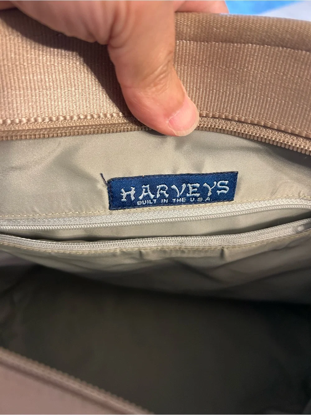 Harvey’s The Original Crossbody Shoulder Bag - Taupe. 13” x 11” x 4”